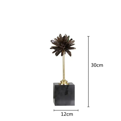 Smoky quartz crystal handicraft artificial flower with dark faceted petals on a gold stem for home decor