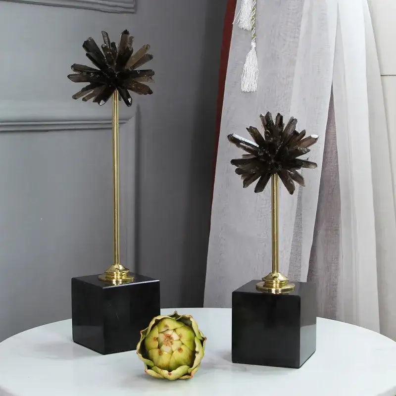 Smoky quartz crystal handicraft artificial flower decor with dark faceted petals gold stems on black bases for home decor