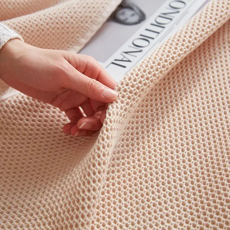 Soft beige cotton honeycomb towel blanket with breathable textured mesh fabric for living room couch decorbites cotton honeycomb