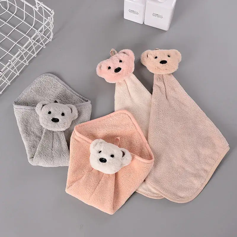 Soft cartoon bear microfiber hand towel 4 pack with plush gray pink and beige heads by decorbites cartoon bear