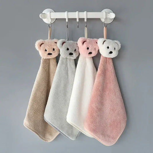 Four plush cartoon bear hand towels in beige gray white and pink made of microfiber for kitchen and bathroom decorbites