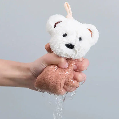 A plush white cartoon bear microfiber hand towel with brown accents and pink loop for gentle cleaning decorbites cartoon bear