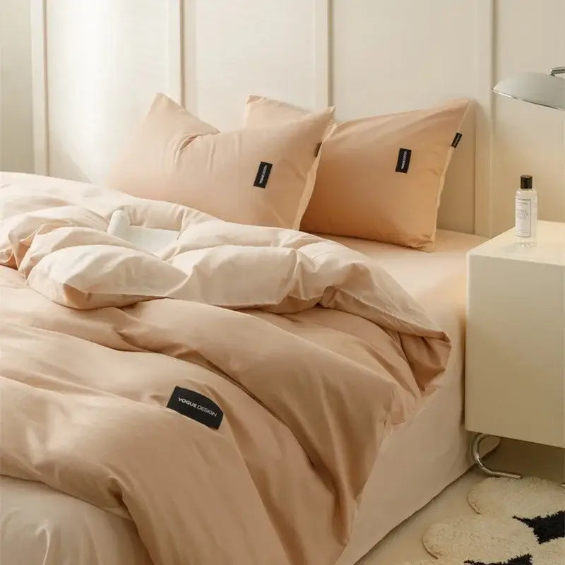 Beige quilted soft cream cotton bedding set with matching pillows and black brand tags for decorbites cotton bedding