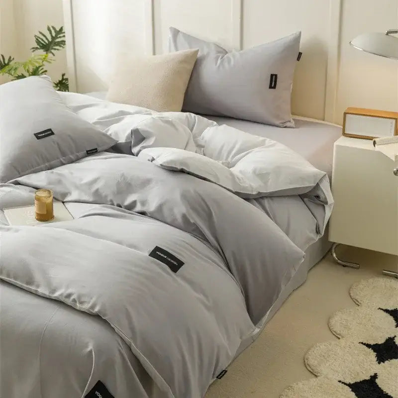 Gray duvet set with soft plush fabric and subtle black label accents in decorbites cotton bedding set for bedroom decor