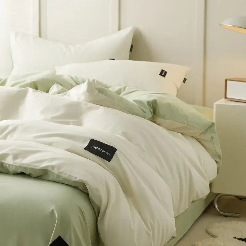 Soft mint green and white soft cream cotton bedding set with vogue design label patches for bedroom decorbites cotton bedding