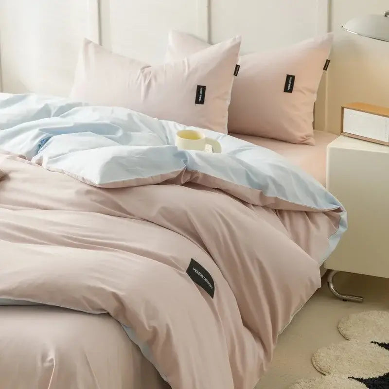 Soft cream cotton bedding set featuring pastel pink and light blue duvet with smooth decorbites cotton bedding fabric