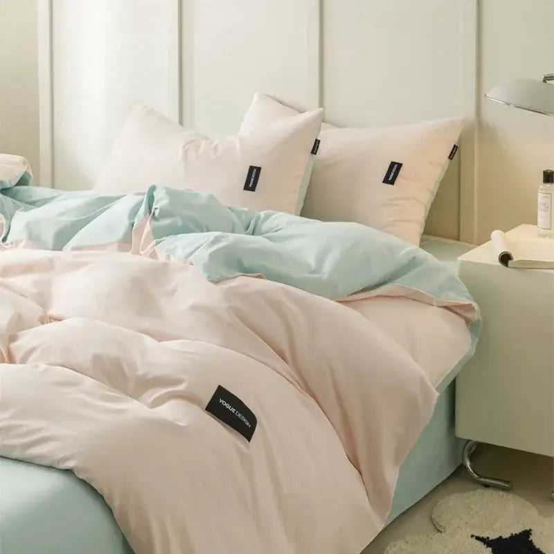 Pastel pink and mint green soft cream cotton bedding set with quilted duvet and pillowcases for decorbites cotton bedding