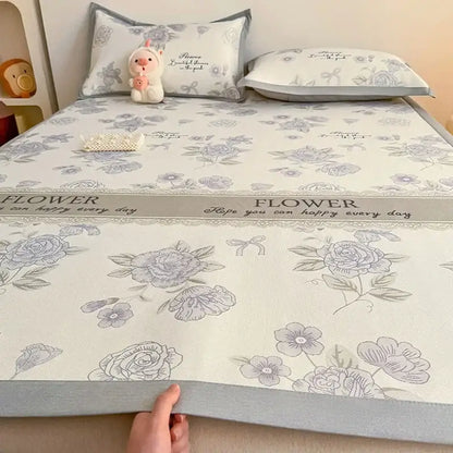 Soft gray floral antibacterial pattern mattress set featuring an off-white bed pad with gray roses and a central band