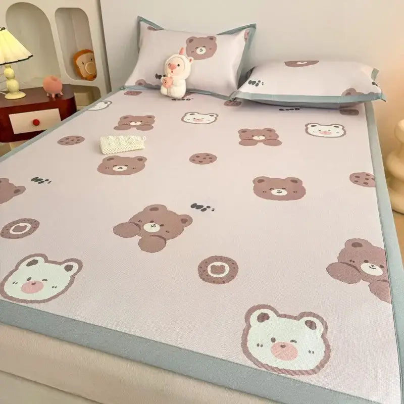 Pastel pink bear-patterned cooling mattress pad with light blue border in soft gray floral decorbites antibacterial pattern mat set