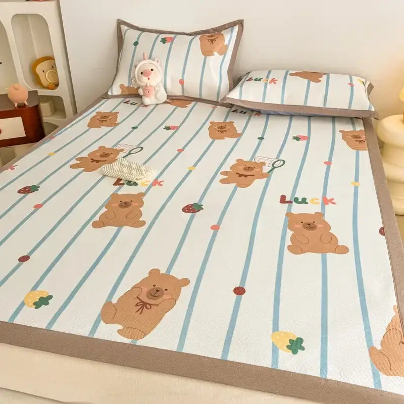 Soft gray floral decorbites antibacterial pattern mattress set with cute beige bear cooling pad and strawberry accents
