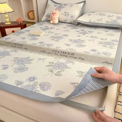 Soft gray floral antibacterial pattern mattress set featuring a light blue cooling pad with gray border and embroidery