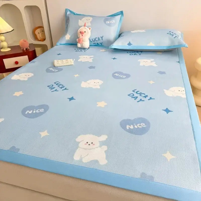 Soft gray floral antibacterial pattern mattress set with light blue cooling antibacterial pattern mat featuring cartoon dogs and stars