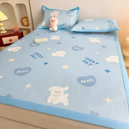 Soft gray floral antibacterial pattern mattress set with light blue cooling antibacterial pattern mat featuring cartoon dogs and stars