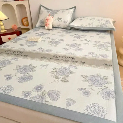 Soft gray floral antibacterial pattern mattress set with light blue cooling pad lace trim and embroidered flower text