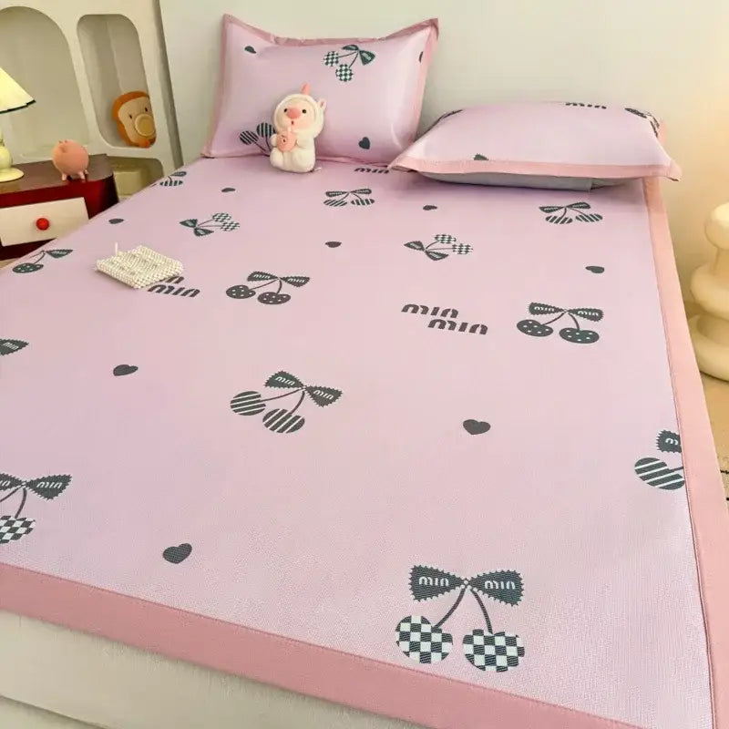 Pink cherry-patterned cooling mattress pad with checkered bow and heart designs in decorbites antibacterial pattern mat set