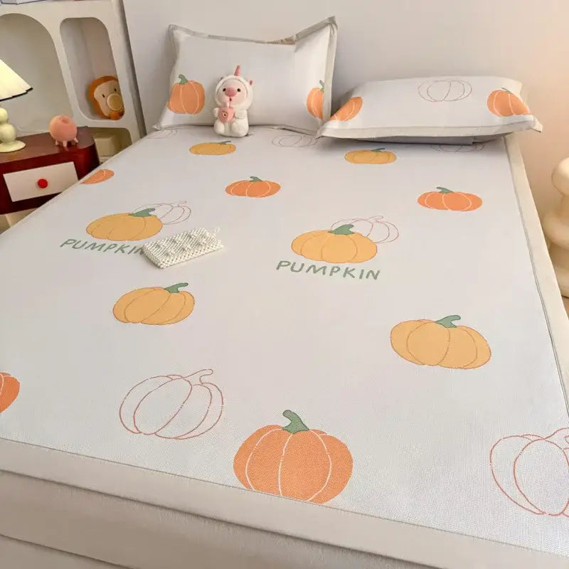 Soft gray floral antibacterial pattern mattress set featuring white pumpkin-themed bed sheet with orange and green prints