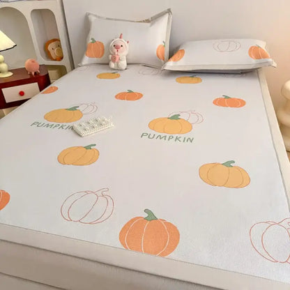 Soft gray floral antibacterial pattern mattress set featuring white pumpkin-themed bed sheet with orange and green prints