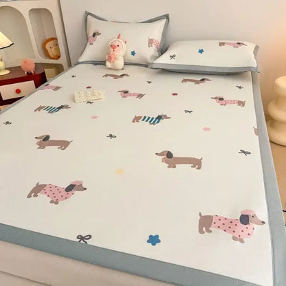 Soft gray floral antibacterial pattern mattress set featuring a white bed sheet with cartoon dachshunds decorbites antibacterial pattern