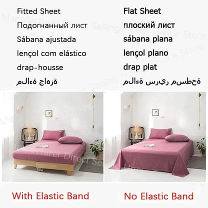 Pink bed sheet with elastic band for a snug fit in soft lavender cotton queen bedding set by decorbites