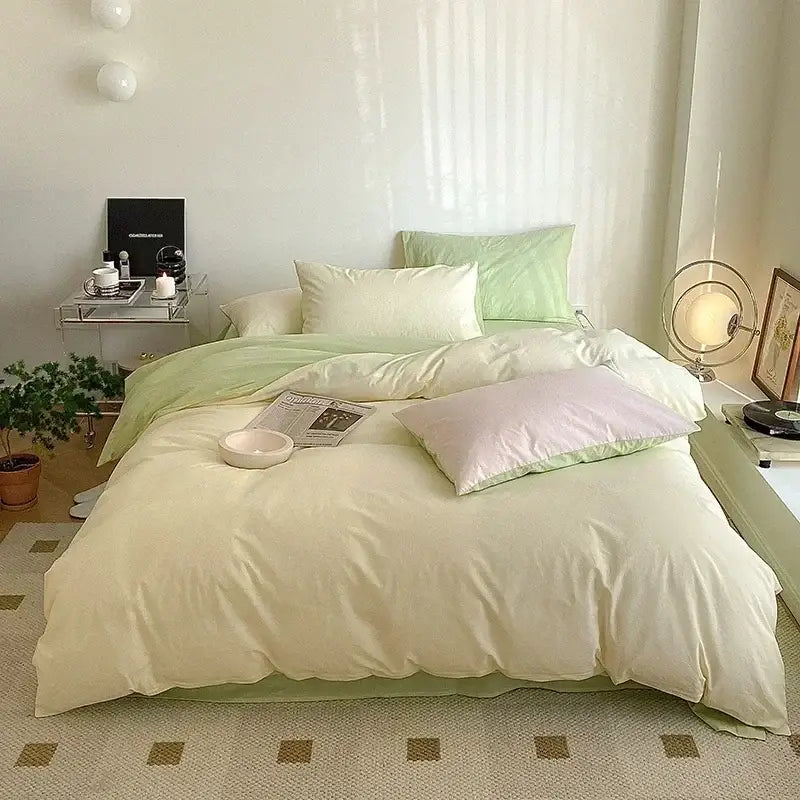 Soft lavender cotton queen bedding set with pastel green and cream satin finish duvet cover and matching pillows decorbites cotton queen
