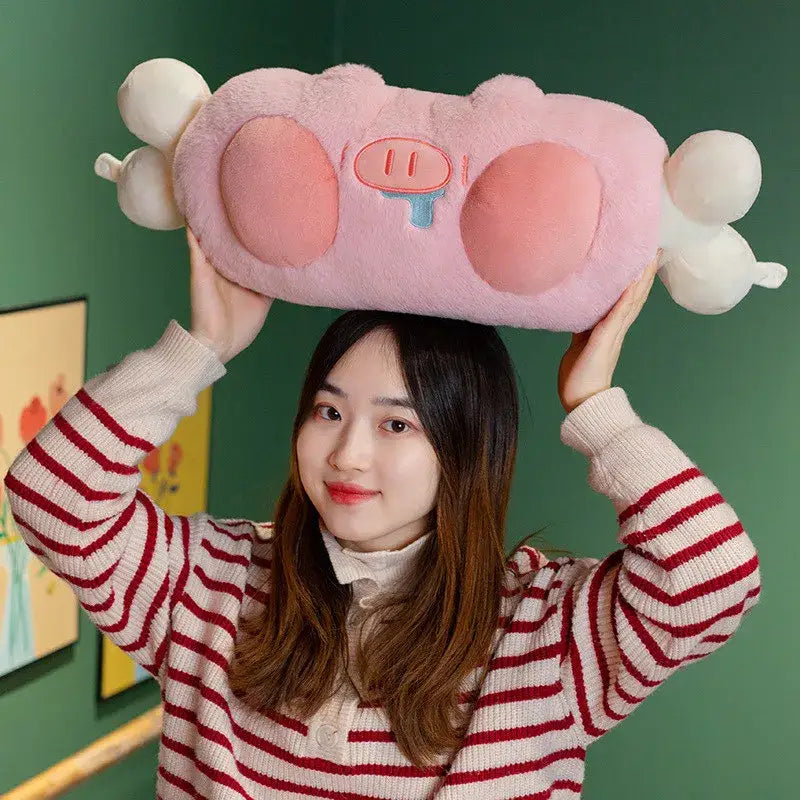 Soft pink plush cartoon pork doll throw pillow with embroidered face and fluffy texture for bedroom decorbites heating pad