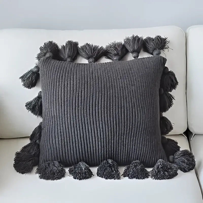 Gray knitted throw pillow with fringe tassels along all sides soft tassel knit cushion cover for living room decorbites knit cushion