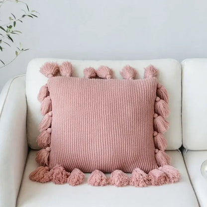 Soft pink knitted throw pillow with fluffy tassels on all sides knit cushion cover for living room decorbites