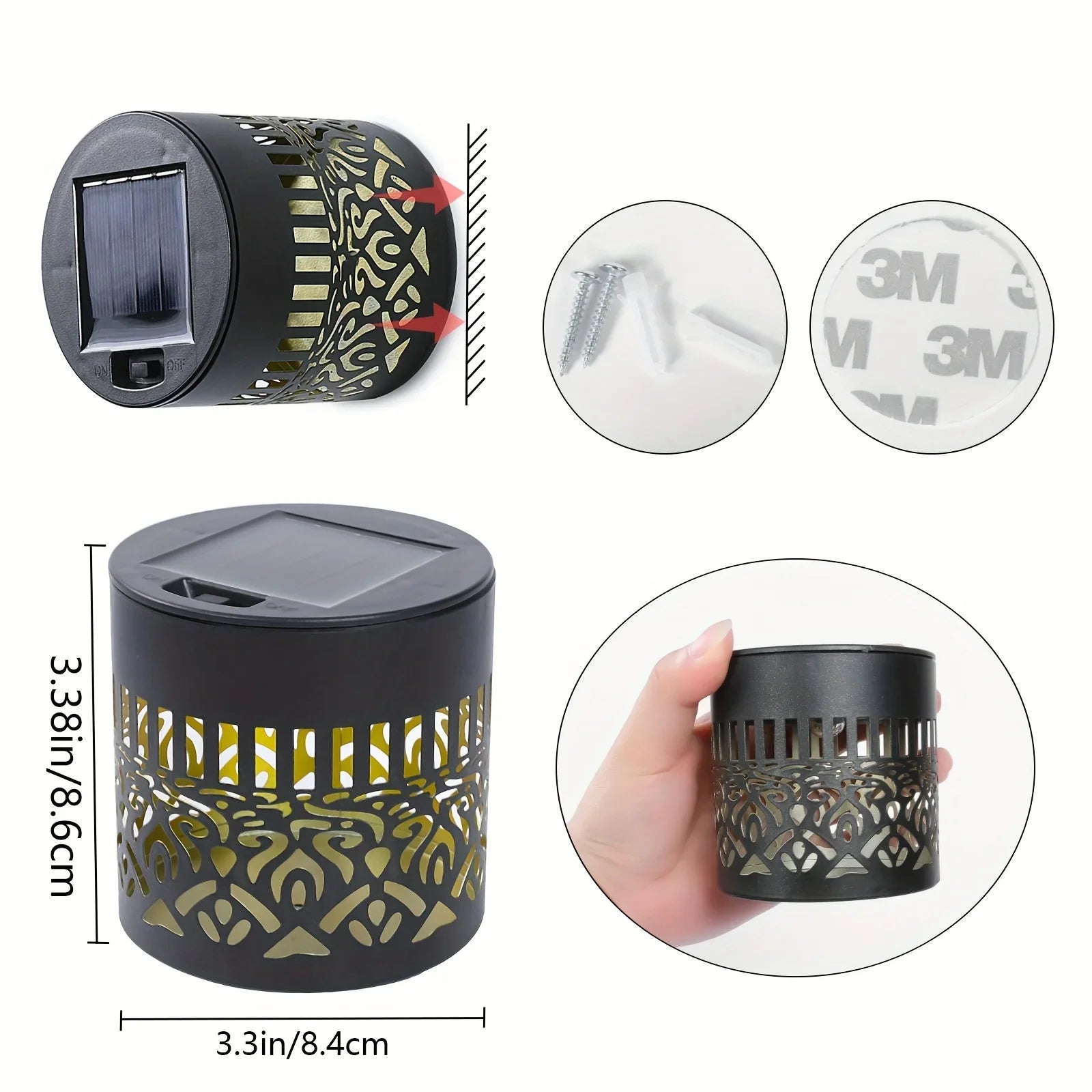 Black cylindrical solar-powered datura lantern light with gold cutout patterns and built-in solar panel for garden decor