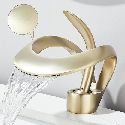 Gold-toned solid brass single hole waterfall basin faucet with sleek modern design for cold water bathroom sink use