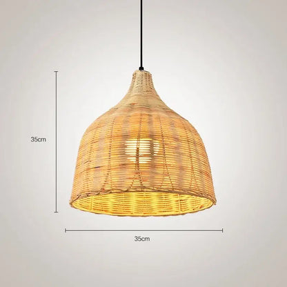 A warm-toned 35cm diameter natural fiber woven pendant light with a tapered conical shape for dining rooms