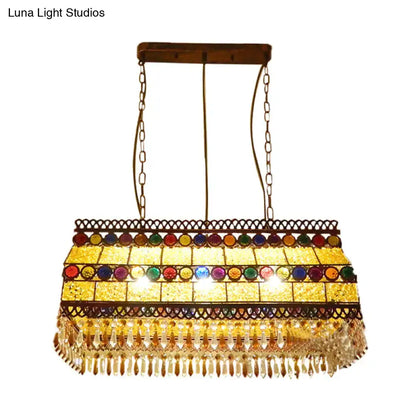 Decorbites southeast asian crystal drop rectangle living room pendant light with brass frame and colorful mosaic panels