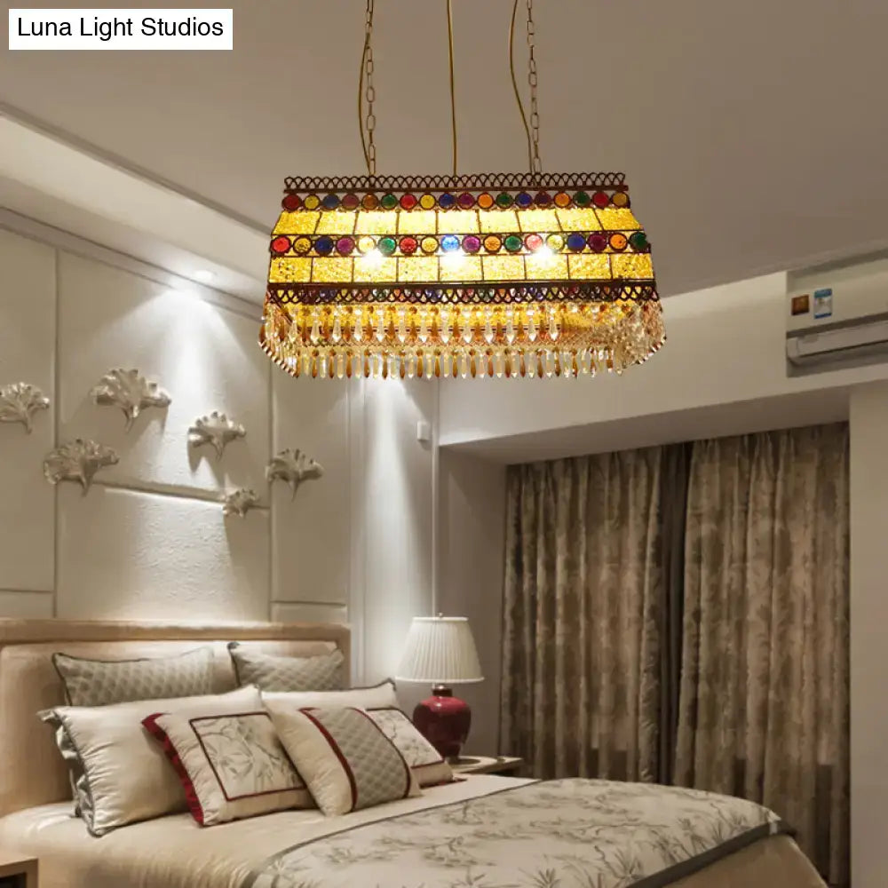 Rectangular stained glass pendant light with colorful mosaic panels and crystal fringe for rectangle living room decor