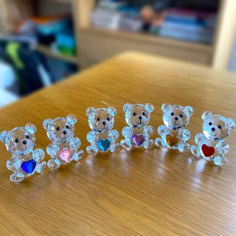 Five clear crystal bear figurines holding colorful heart gemstones perfect for decorbites crystal bear bedroom decor