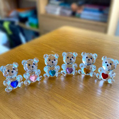 Five clear crystal bear figurines holding colorful heart gemstones perfect for decorbites crystal bear bedroom decor