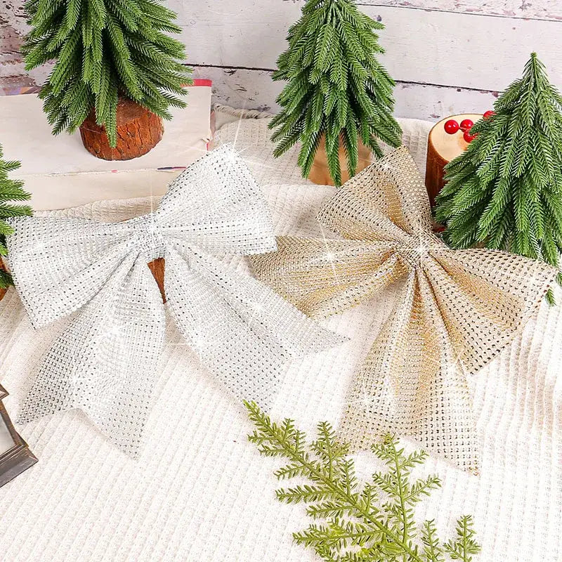 Shiny white and gold mesh diamond bow pendant with sparkling rhinestones for holiday tree decor in living room