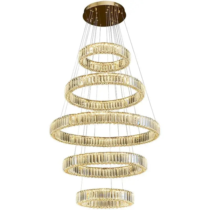 Golden tiered DecorBites crystal chandelier pendant light with cascading crystal rings for luxury indoor lighting