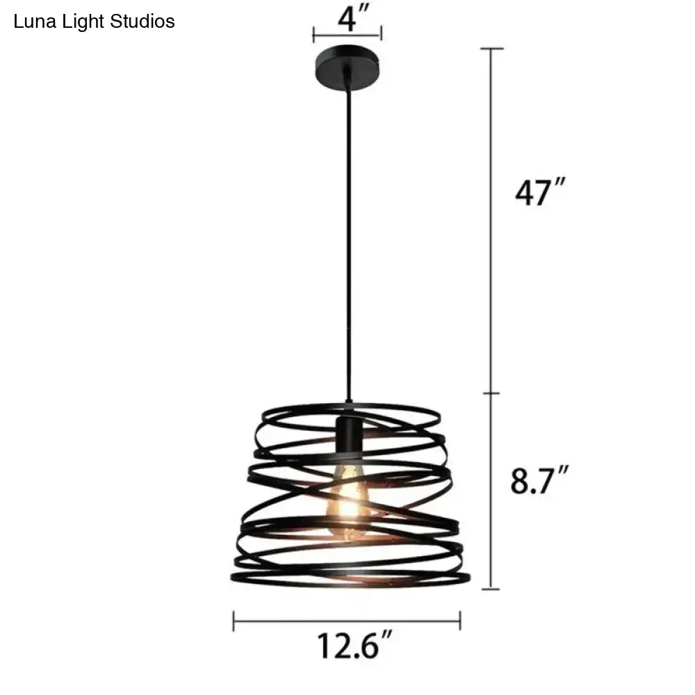 Black wrought iron spiral spring suspension pendant light with warm bulb for black and white dining room use