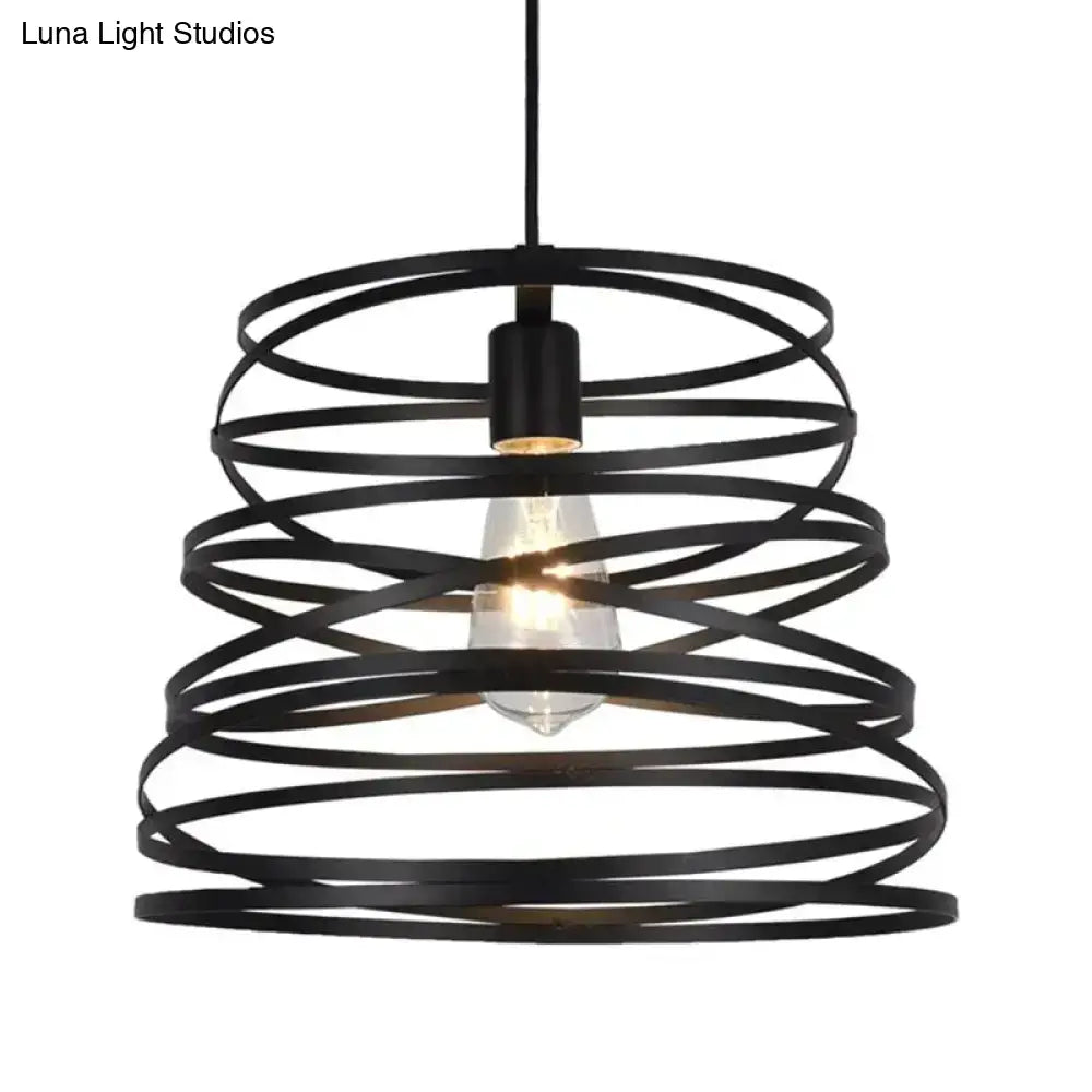 Black wrought iron spiral spring suspension pendant light with exposed edison bulb for black and white dining room