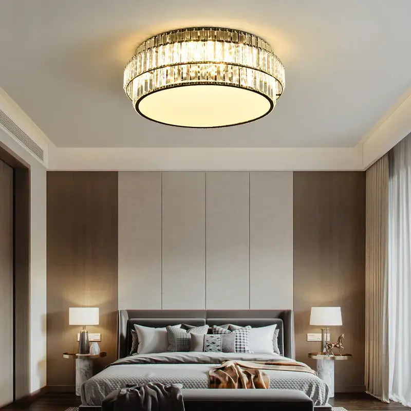Square gold decorbites crystal led ceiling lamp with tiered clear crystal rods for living room lighting and decor