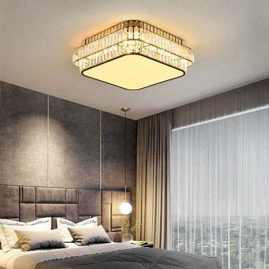 Square gold crystal led ceiling lamp with warm glow and gold-toned frame perfect for living room decorbites crystal led