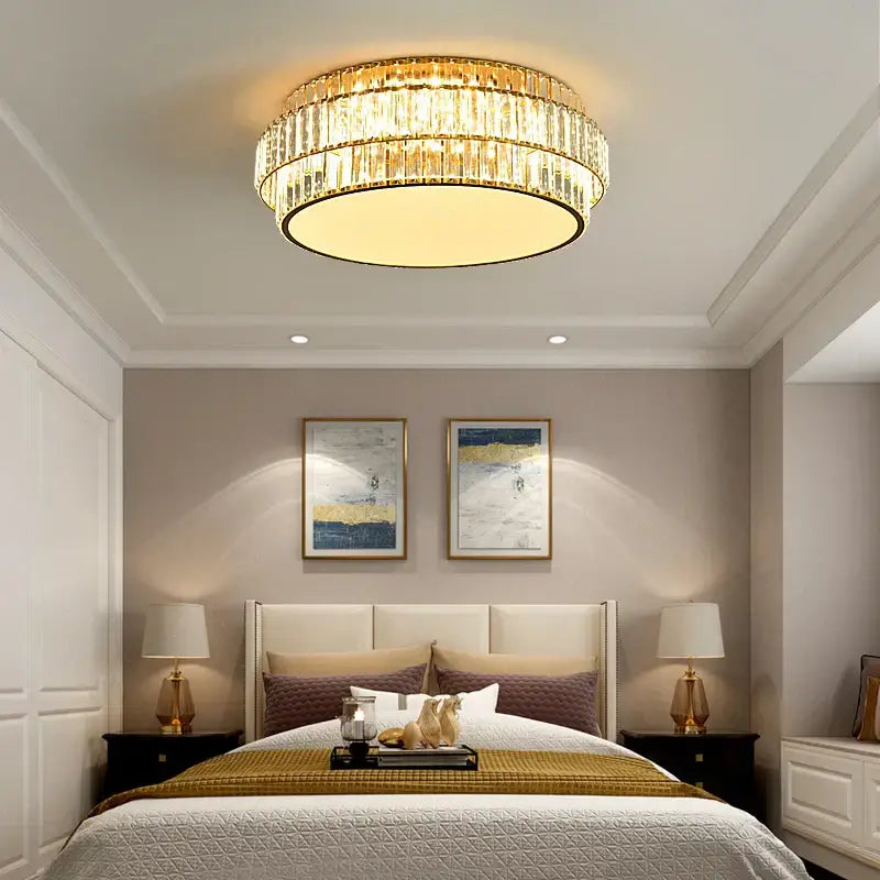 Square gold crystal LED ceiling lamp with a multi-tiered gold-toned crystal chandelier design for living room decorbites crystal led