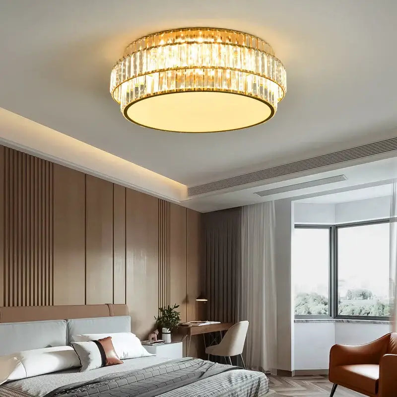 Square gold crystal led ceiling lamp with circular design and layered faceted glass for living room decorbites crystal led