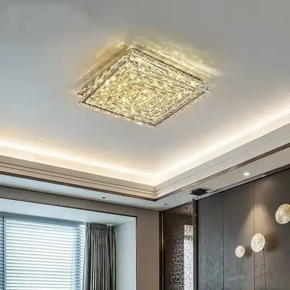 Square gold crystal led ceiling light with intricate textured design and warm illumination for living room ceiling lights