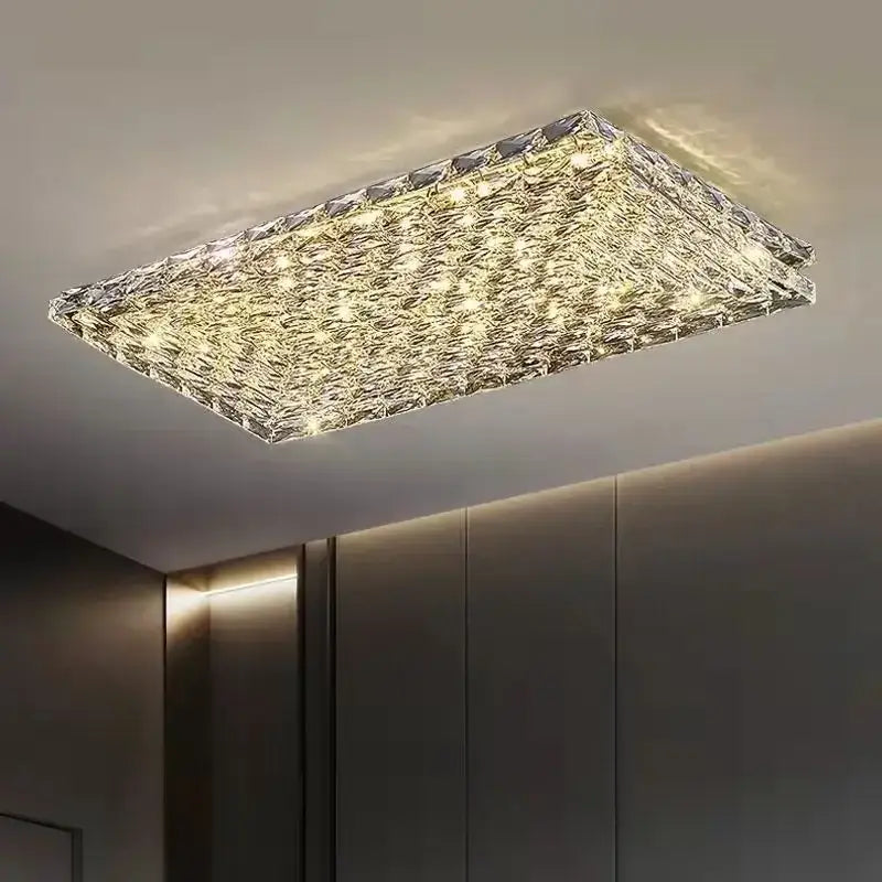 Square gold crystal led ceiling light with textured faceted surface refracting warm white led ceiling lights for living room