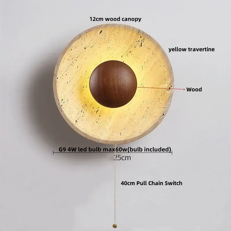 Square yellow travertine led wall lamp sconce with 12cm wood canopy and dark brown wooden sphere for stairways