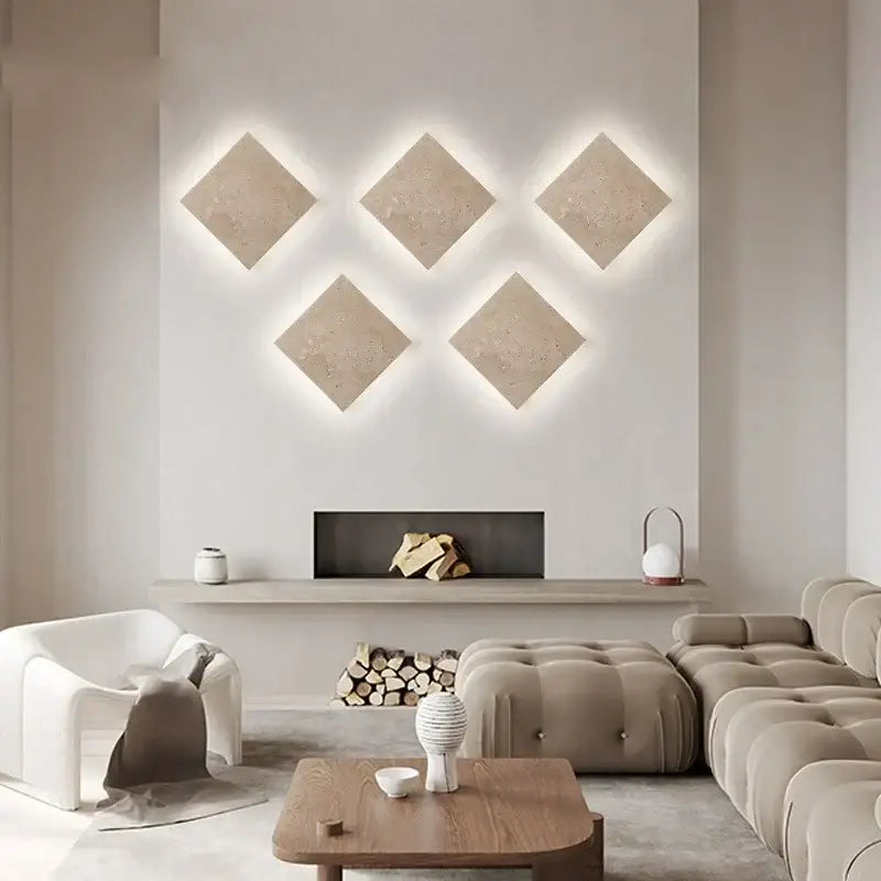 Five textured beige diamond-shaped square yellow travertine led wall lamp sconces with integrated backlighting for stairways