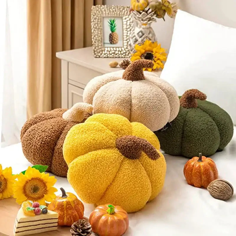 Stacked 3d pumpkin throw pillow set in beige mustard yellow and olive green plush fleece decorbites 3d pumpkin decor