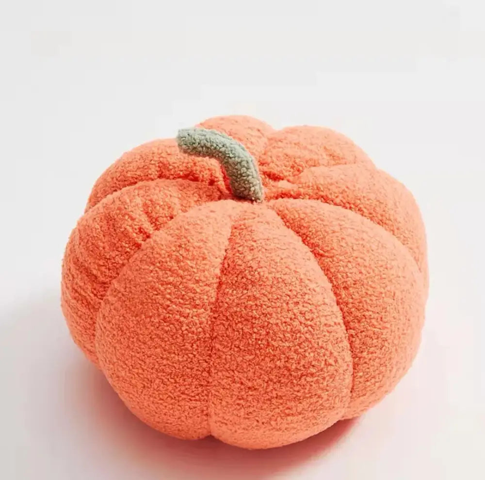 Soft orange plush fleece pumpkin throw pillow with textured surface and green stem for decorbites 3d pumpkin decor