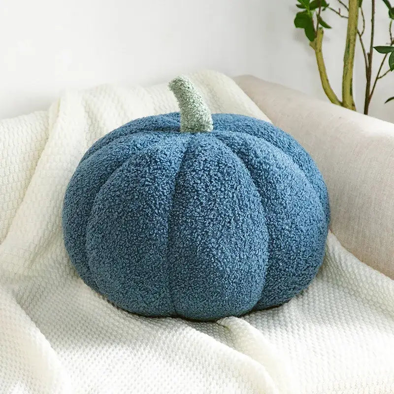 Plush teal-blue decorbites 3d pumpkin throw pillow with fuzzy texture and light green stem for living room decor