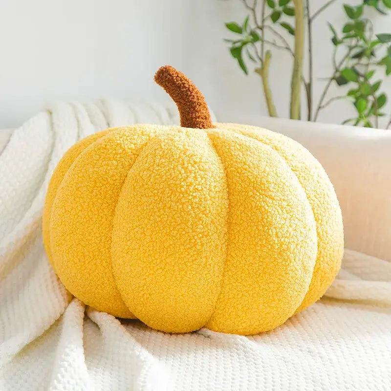 Yellow plush fleece pumpkin throw pillow with brown fuzzy stem decorbites 3d pumpkin for living room decor